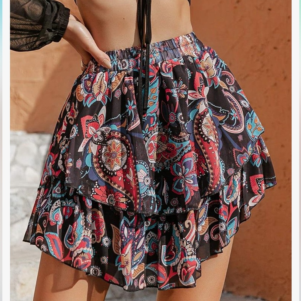 NWT High Waisted Layered Boho Paisley Floral Ruffle Mini Skirt Size Medium 8